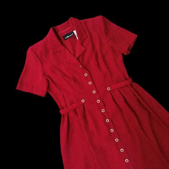 Vintage Dress Sag Harbor Red Polka Dot Short Sleeve Button Down Size 8 Business - Picture 1 of 8